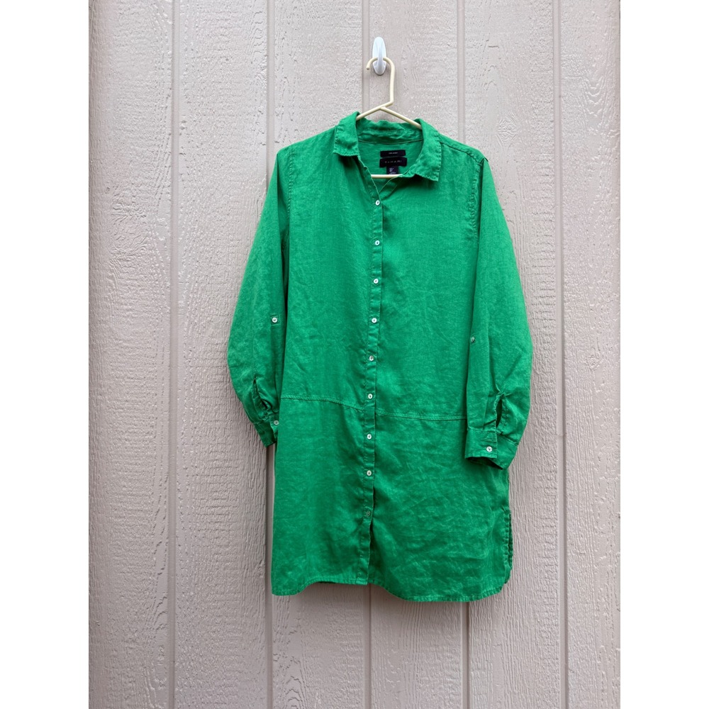 Tahari Large Green Shirt Dress Coastal 100% Linen Roll Tab Sleeve